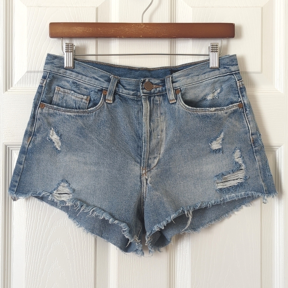 Blank NYC Distressed Medium Wash High Rise Cut Off Jean Shorts Hollyweird 28